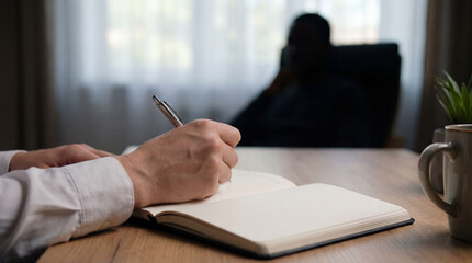Therapist taking notes during counseling session, mental health support concept with patient in background.