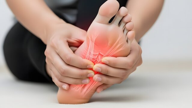 Person holding foot showing glowing internal muscles and tendons. Physical therapy and plantar fasciitis relief. Adult sitting on floor massaging sore foot with anatomical overlay