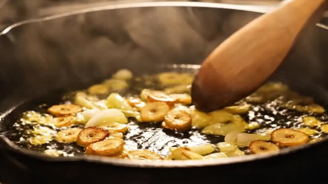A flavorful saut&eacute; scene with garlic and onions sizzling in oil, steam rising and warm cinematic kitchen lighting.