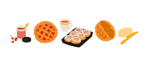 Cozy Homemade Baking Vector Set. Bread, Pie, Cinnamon Rolls, Jam, Butter, Coffee, Rustic Bakery Desserts and Breakfast Food Illustration
