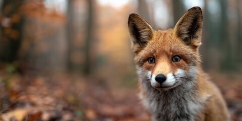 Obraz premium Fox stands in forest during autumn with orange and brown leaves surrounding it