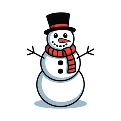 Cartoon illustration of a snowman wearing a black top hat and red scarf on a white background winter