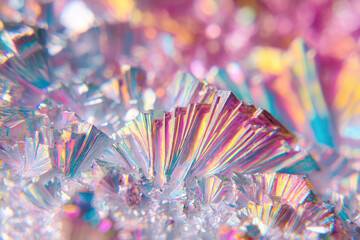 Amazing macro shot showing vibrant iridescent bismuth crystal texture featuring abstract geometric pattern with bright holographic colors creating stunning shiny background full of joy and wonder