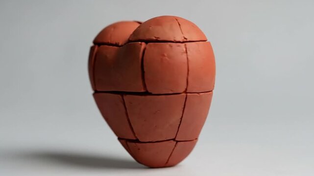 Handmade red clay heart sculpture, detailed macro stop motion craft
