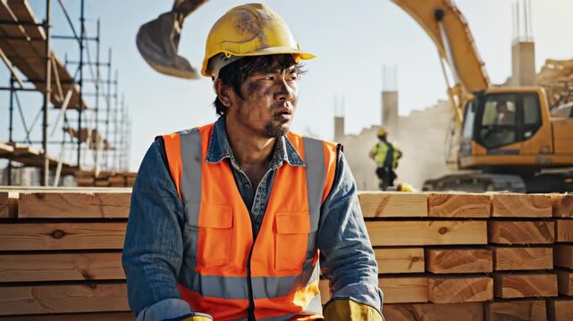Exhausted construction worker with a dirty face takes a break on a hot day. Tired manual laborer in a hard hat at a building site. The concept of hard physical work