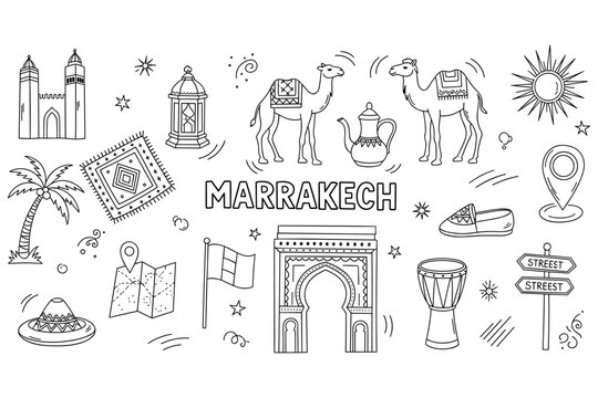 Marrakech doodles: camels, landmarks, and culture in black and white sketch