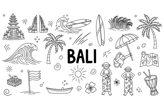 Bali icons: temples, surfing, palm trees, and monkeys in black and white art