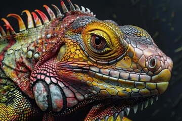 Fototapeta premium Close up of a colorful iguana showcasing its intricate scales and spiky crest