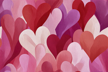 Colorful heart shapes pattern with textured effect, featuring overlapping red, pink, and purple hearts creating warm and romantic abstract background full of feminine charm