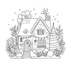 Cottagecore House Embroidery Pattern 16, Cozy Winter Cottage Hand Embroidery for Round Hoop. Winter house with snowy roof, warm glowing windows, soft florals, trees, and rustic details stitched