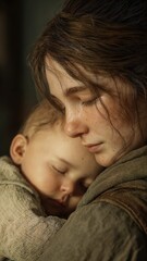 Tender moment of mother embracing sleeping child with freckles in soft natural light creating intimate family bond and peaceful atmosphere