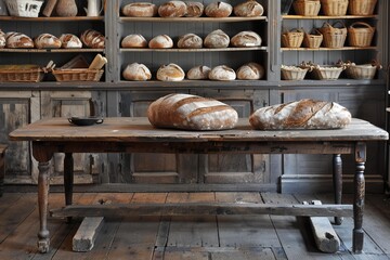 Two large loaves of freshly baked bread sit on a rustic wooden table in a traditional bakery, with shelves full of more bread in the background