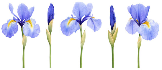 Set of Iris pseudacorus and Iris ensata frontal view on transparent background
