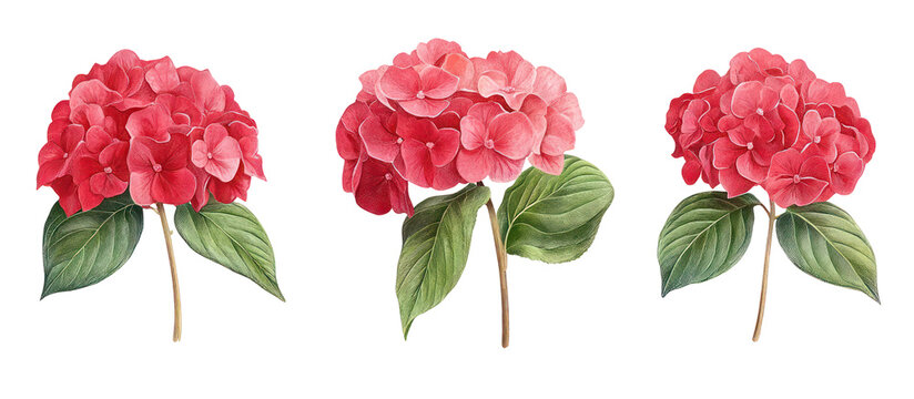 Set of Hydrangea macrophylla Light Crimson frontal view on transparent background