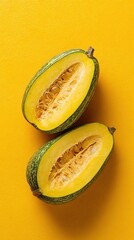 Gem Squash halves from Botswana on a roasted squash yellow flat background, minimalist food photo, template for social media, digital ads, web banners, mobile wallpapers, greeting cards