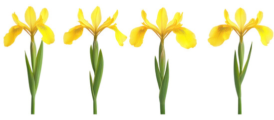 Set of Iris pseudacorus, the yellow flag, yellow iris or water flag on transparent background