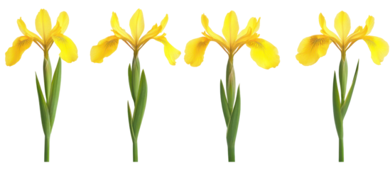 Set of Iris pseudacorus, the yellow flag, yellow iris or water flag on transparent background