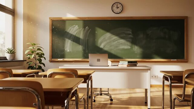 Empty classroom with desks and blackboard in morning light