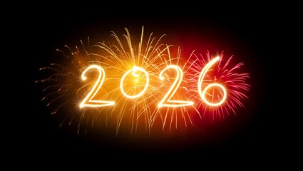 Happy New Year 2026 text made of light with fireworks exploding in the background