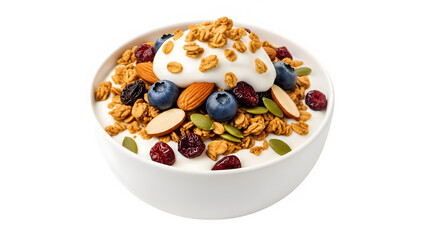 Granola with yogurt, isolated on white or transparent background. PNG