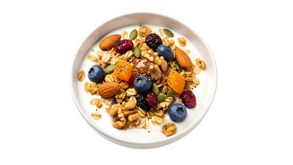 Granola with yogurt, isolated on white or transparent background. PNG