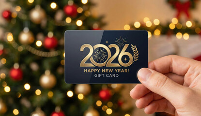 A  hand emerging into the frame holding a matte black card with a glowing &ldquo;2026&rdquo; logo, happy new year card
