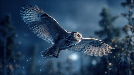 Majestic owl gliding through snowy winter forest with wings spread wide, showcasing detailed feathers and intense golden eyes in atmospheric blue light