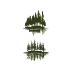 Vintage hand drawn illustration of a lonely canoe floating on a calm lake surrounded by tall pine trees