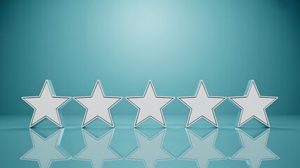 A top-down view of five white stars arranged in a row on a reflective blue surface