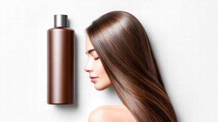Woman with Shiny Hair and Shampoo Bottle