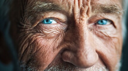 Close-up of an elderly man's face with striking blue eyes