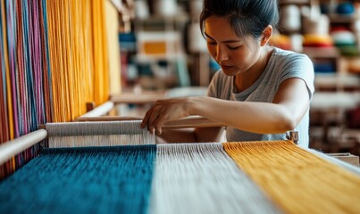 Woman Weaving Colorful Threads on a Loom