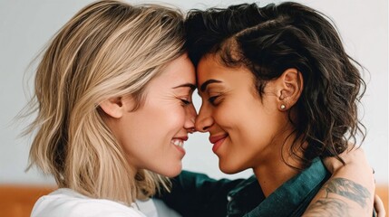 Two women in love, embracing, sharing a loving moment, close and intimate, smiling with eyes closed.