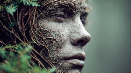 Mystical face of a person intertwined with nature's elements, a surreal portrait.