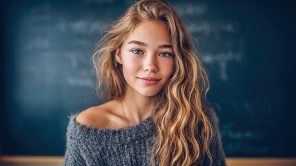 Beautiful young woman with long wavy blonde hair smiles at the camera.