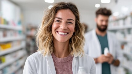 A friendly, smiling pharmacist in a well-lit pharmacy is ready to help customers with their needs.