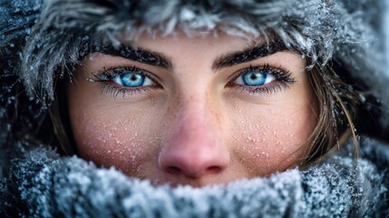 Stunning close-up of a woman's captivating blue eyes in a winter wonderland setting.