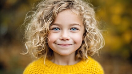 Smiling young girl with curly blonde hair and bright blue eyes.
