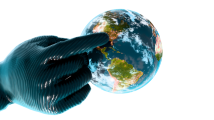 Futuristic carbon cyborg finger pointing at Washington DC and New York on realistic Earth - US strategy concept created by 3D modeling nightly city lights.