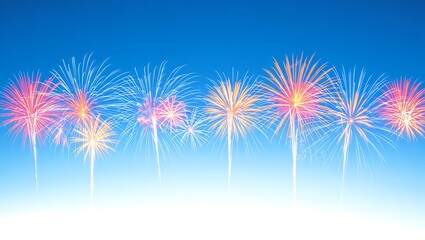 Bright fireworks display across a clear blue sky with white gradient at bottom.