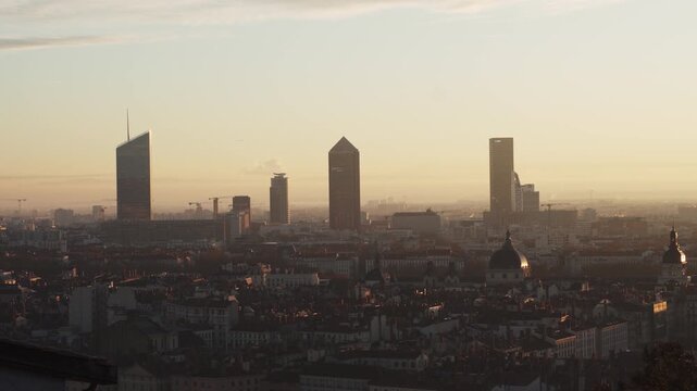 Aerial View Lyon France including Rivers Church and Tower at night
