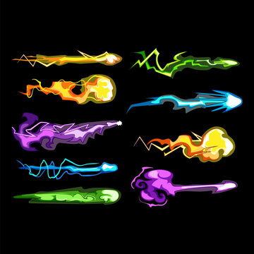 Collection of vibrant energy blast effects, illustrating various shooting projectiles, magic spells, and power attacks, ideal for game development or animation elements