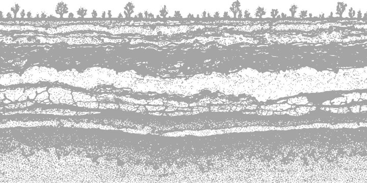 Abstract layered landscape with textured ground and forest trees isolated on white background