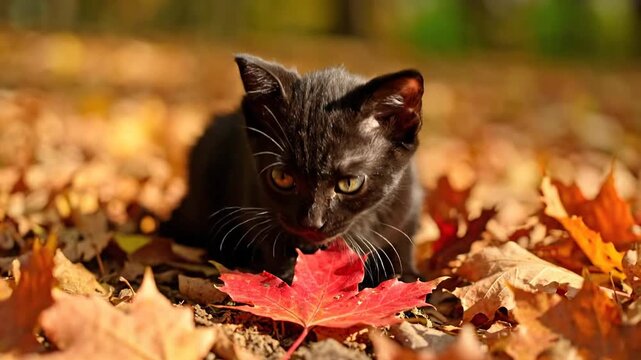 A curious black cat explores a pile of autumn leaves with a vibrant red leaf in a sunny outdoor setting with warm tones.