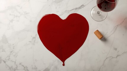 Red wine poured in the shape of a perfect heart on a sleek white marble table, with a delicate wine glass standing upright nearb