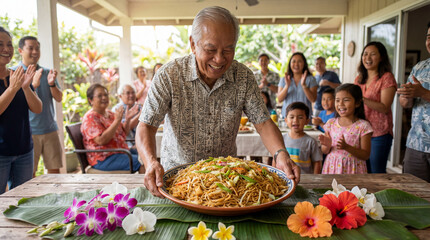 Elderly Asian man presenting a large platter of noodles to his smiling family at an outdoor