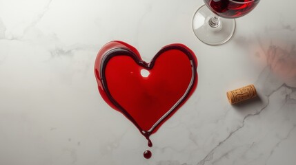 Red wine poured in the shape of a perfect heart on a sleek white marble table, with a delicate wine glass 