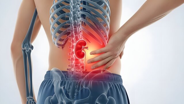 Kidney anatomy and renal health medical illustration. Nephrology and chronic back pain diagnosis. Human torso showing skeleton and highlighted red kidney indicating disease or stones
