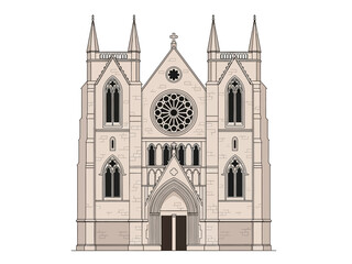 Fototapeta premium Front elevation drawing of a Gothic Revival church facade with twin towers