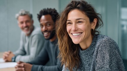 Three diverse colleagues smile and look towards the camera, showing true happiness.